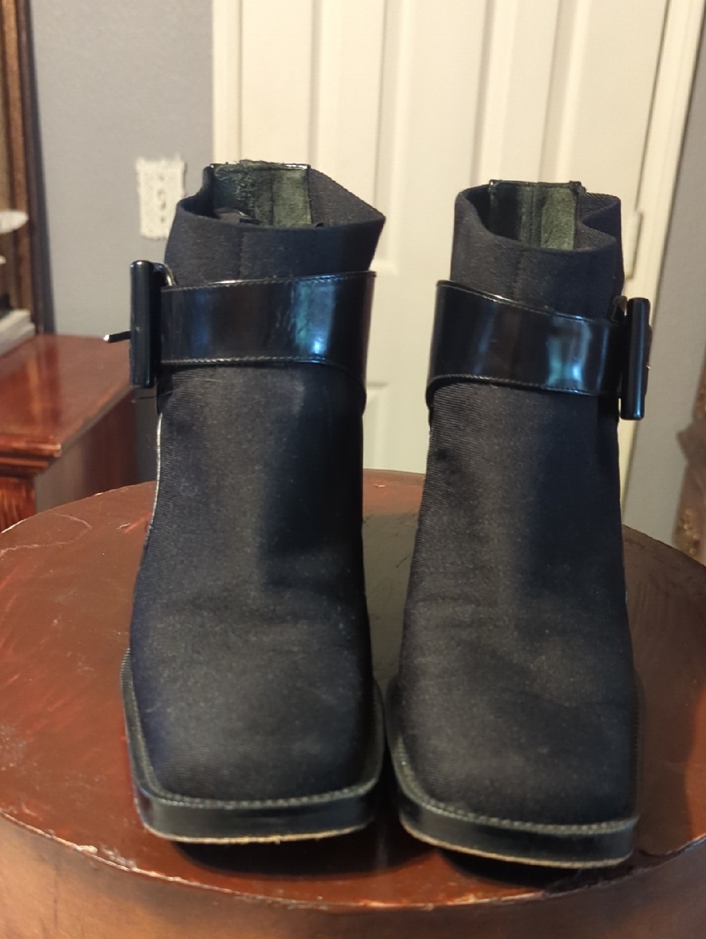Via Spiga Black Square-Toe Ankle Booties with Gloss Buckle Strap